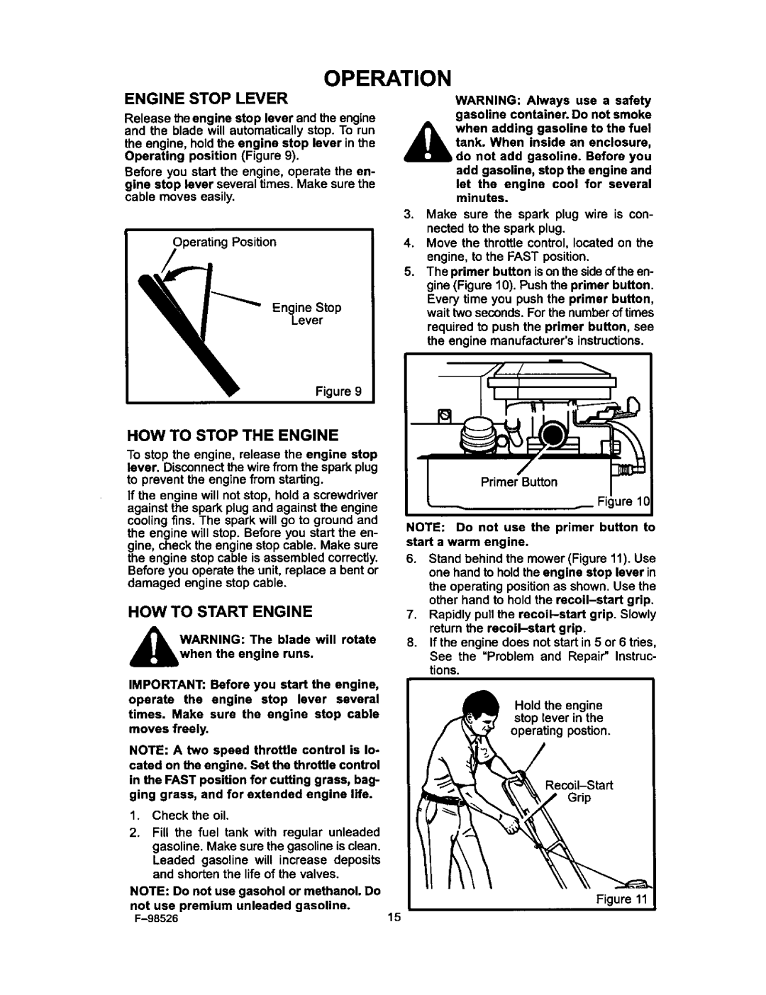 Murray 22506x9A, F-98526 manual Operation, Engine Stop Lever, HOW to Stop the Engine, HOW to Start Engine 