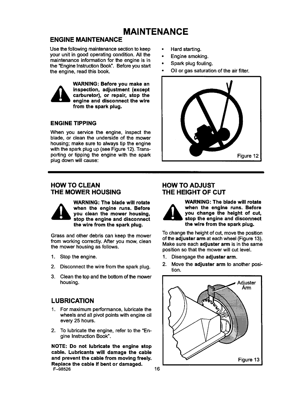 Murray F-98526, 22506x9A manual Engine Maintenance, HOW to Clean Mower Housing, HOW to Adjust Height of CUT, Lubrication 