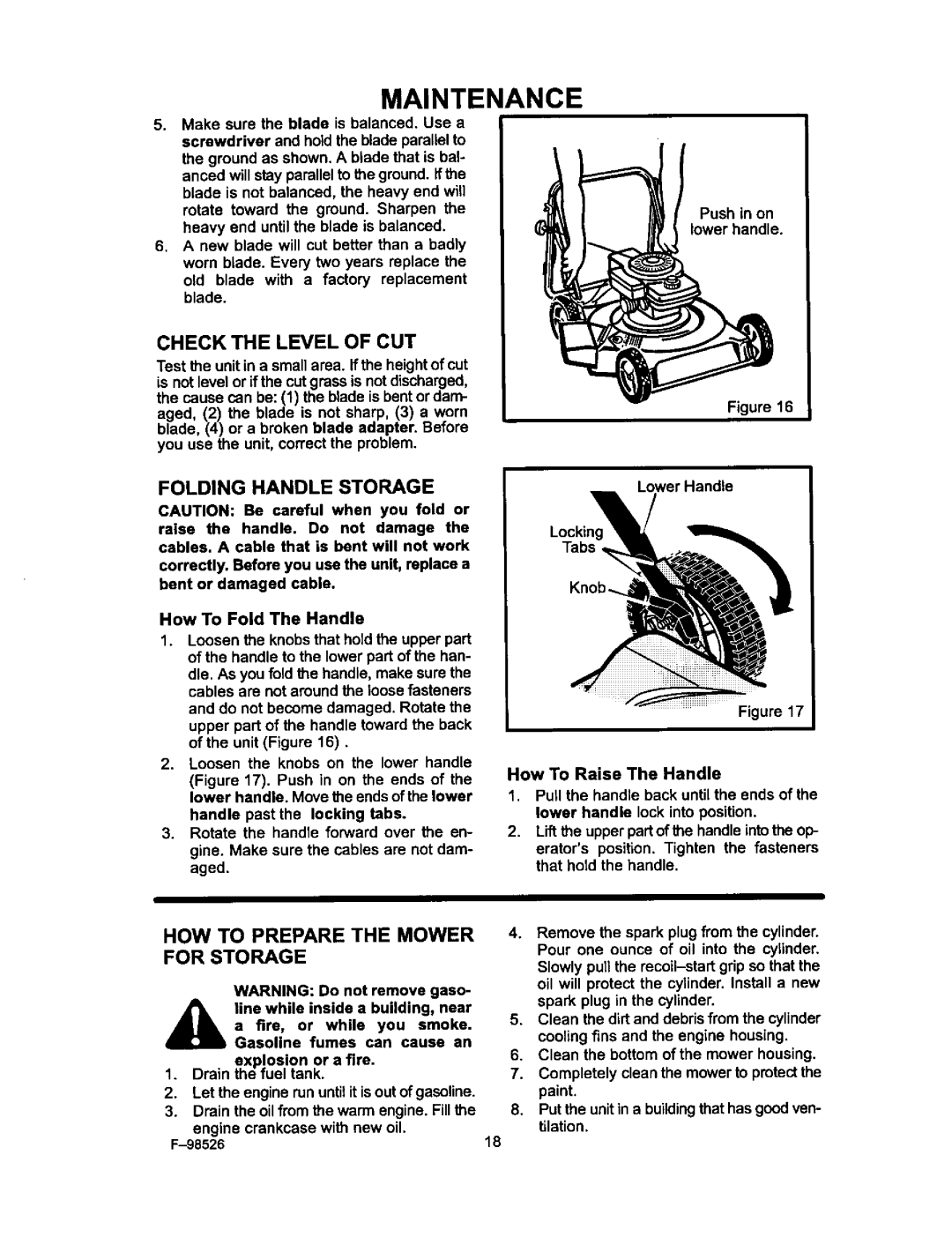 Murray F-98526, 22506x9A manual Check the Level of CUT, HOW to Prepare the Mower for Storage, Folding Handle Storage 