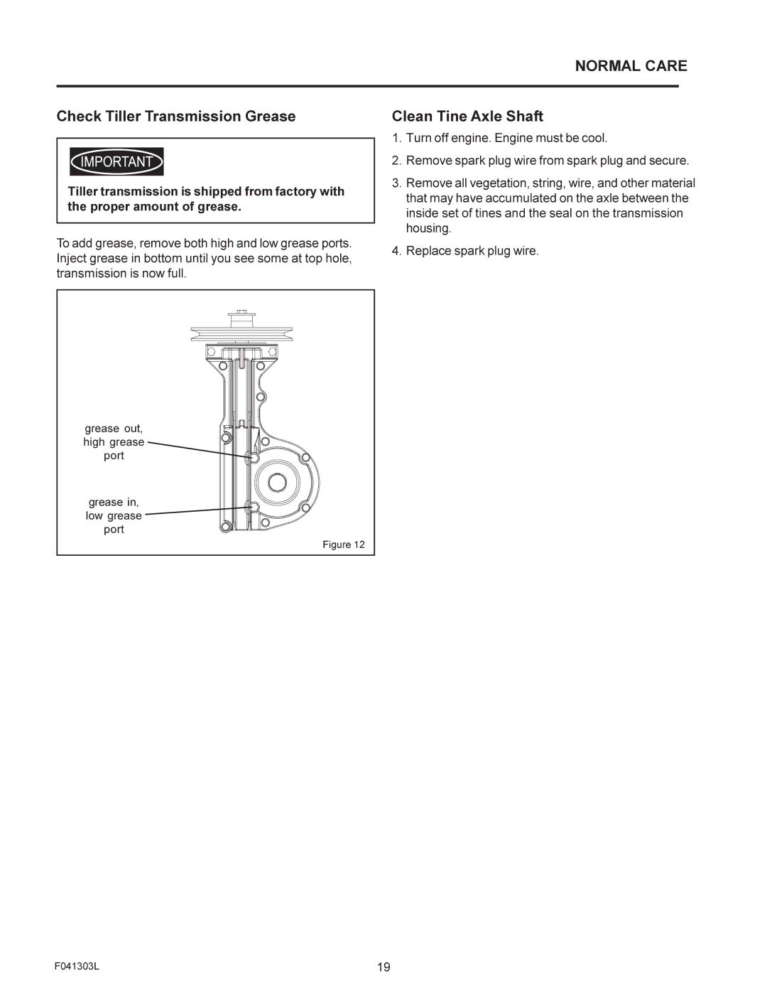 Murray FT6000X92A manual Check Tiller Transmission Grease, Clean Tine Axle Shaft 