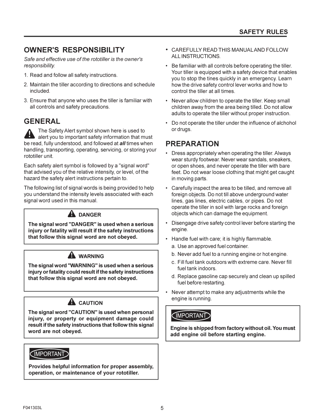 Murray FT6000X92A manual Owners Responsibility, General, Preparation 