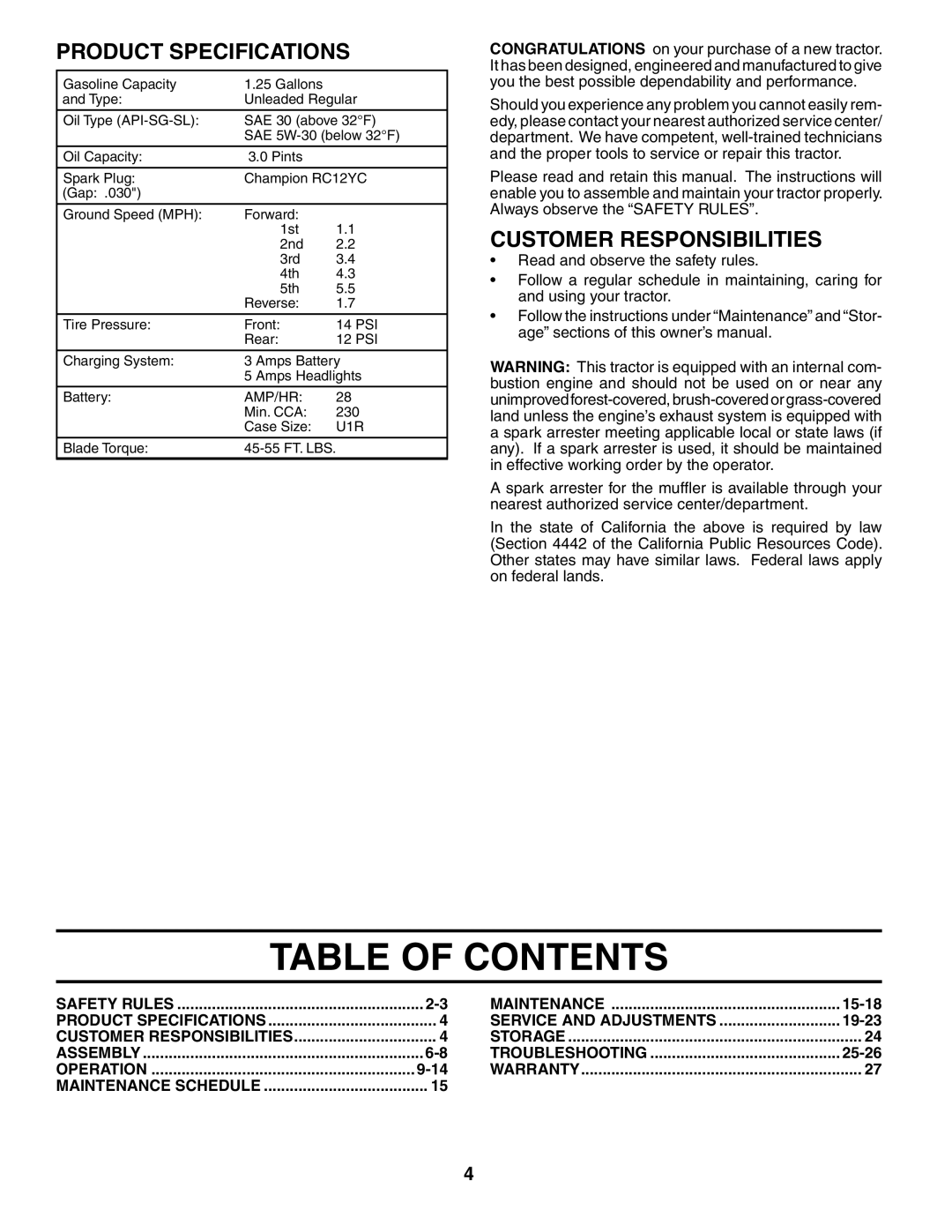 Murray MB12538LT manual Table of Contents 