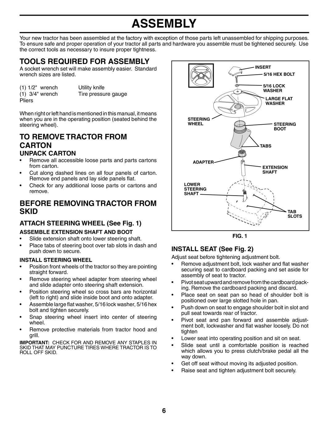 Murray MB12538LT manual Tools Required for Assembly, To Remove Tractor from Carton, Before Removing Tractor from Skid 