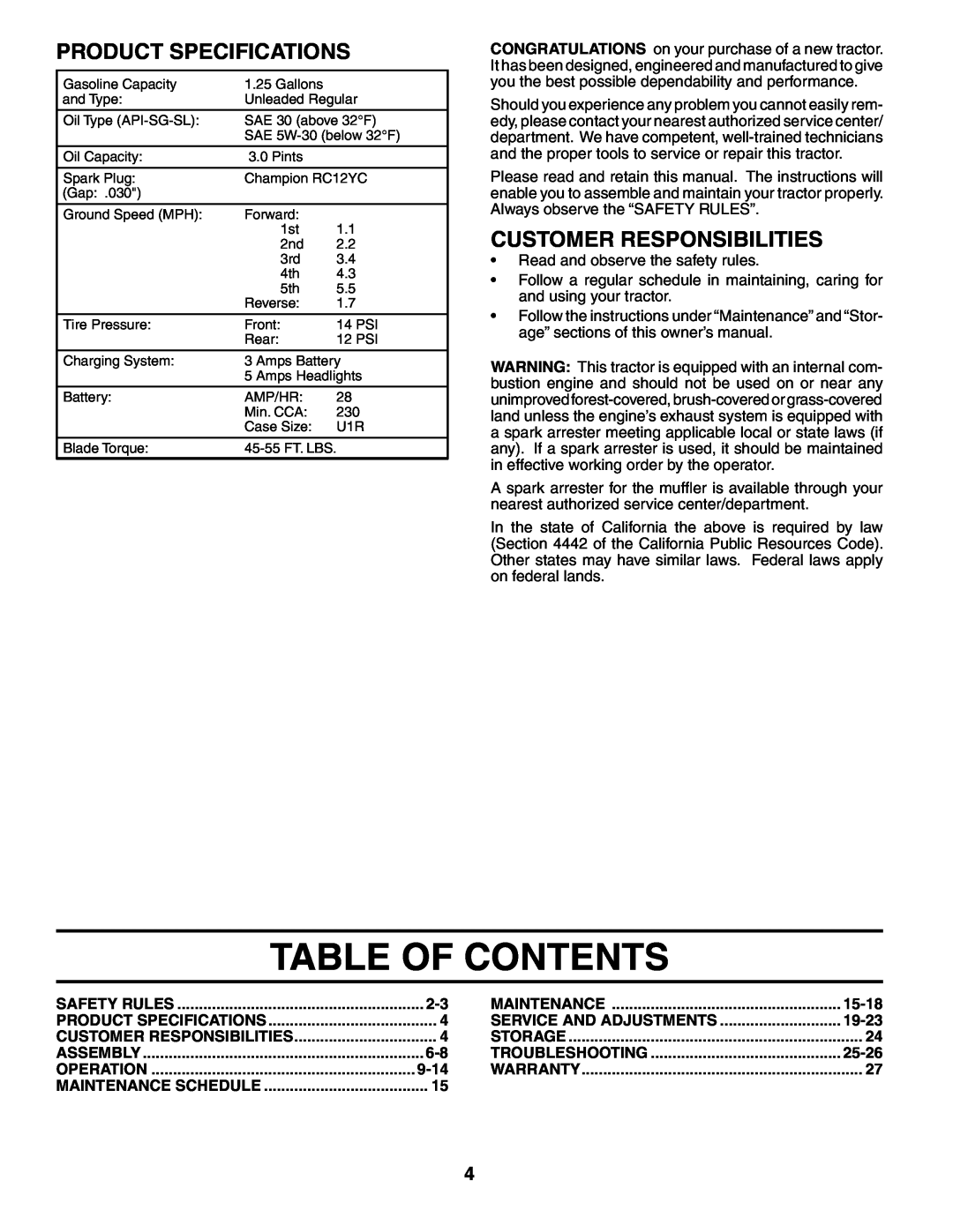 Murray MB12538LT manual Table Of Contents, Product Specifications, Customer Responsibilities, 9-14, 15-18, 19-23, 25-26 