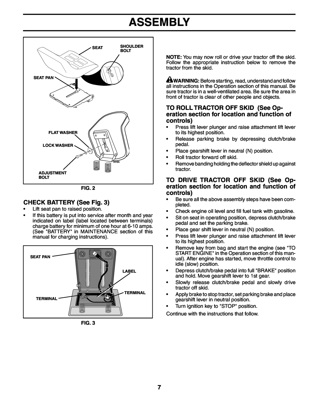 Murray MB12538LT manual CHECK BATTERY See Fig, Assembly 