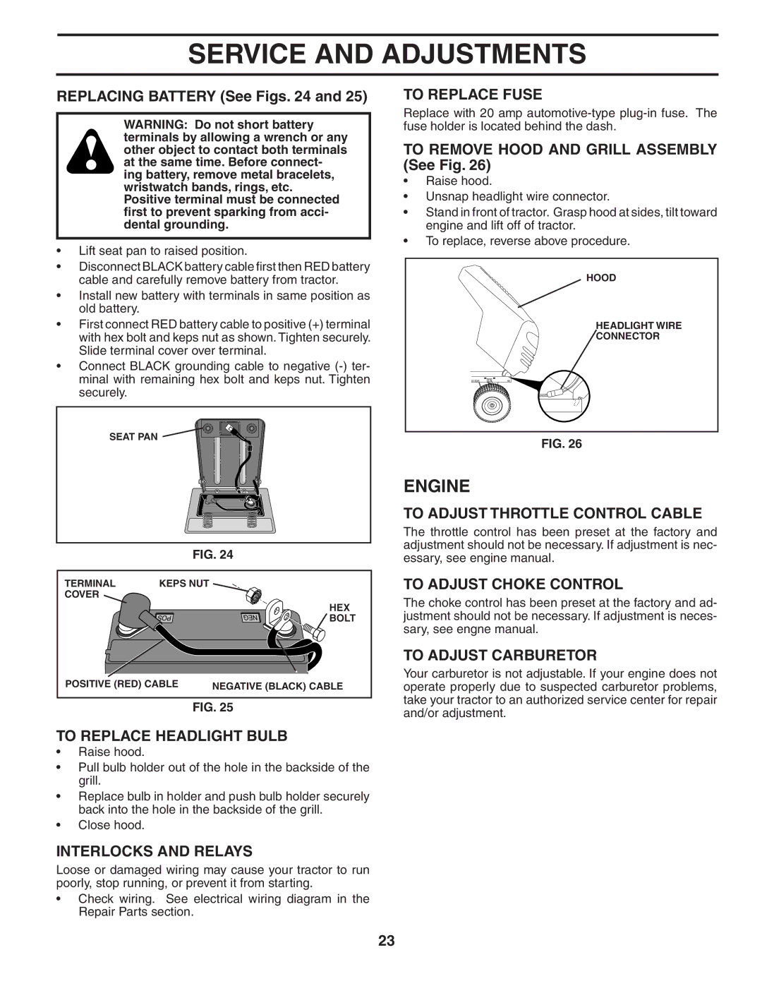 Murray MB1842LT manual To Replace Headlight Bulb, Interlocks and Relays, To Replace Fuse, To Adjust Throttle Control Cable 