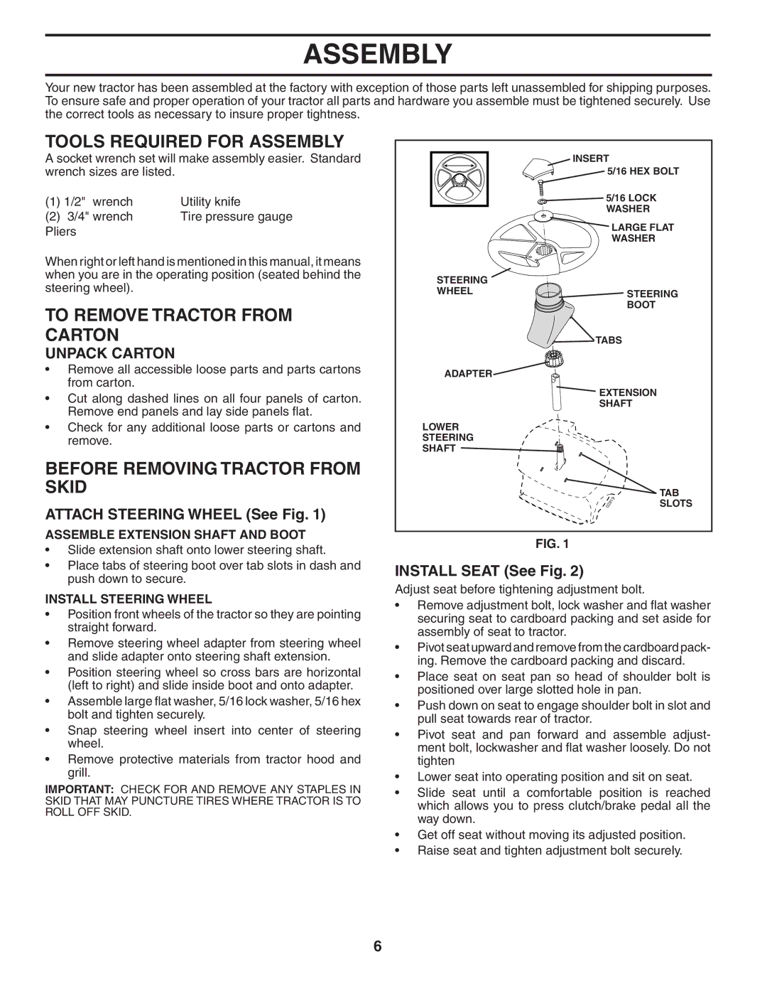 Murray MB1842LT manual Tools Required for Assembly, To Remove Tractor from Carton, Before Removing Tractor from Skid 