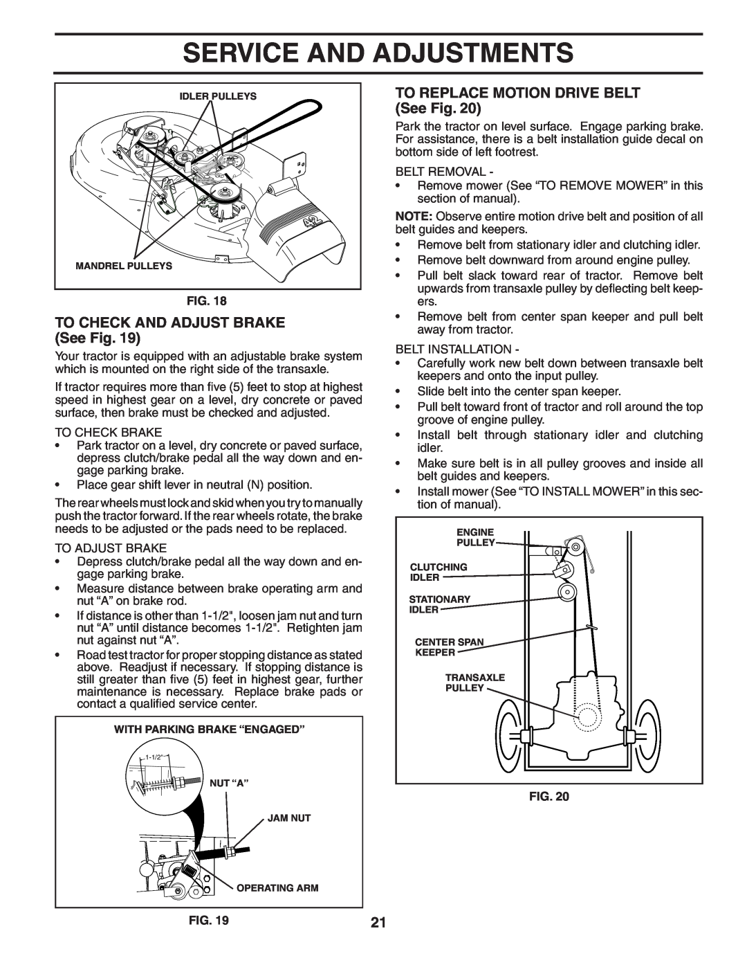 Murray MB1842LT manual TO CHECK AND ADJUST BRAKE See Fig, TO REPLACE MOTION DRIVE BELT See Fig, Service And Adjustments 