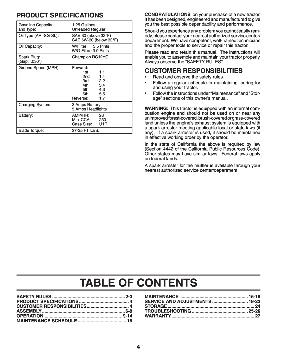 Murray MB1842LT manual Table Of Contents, Product Specifications, Customer Responsibilities 