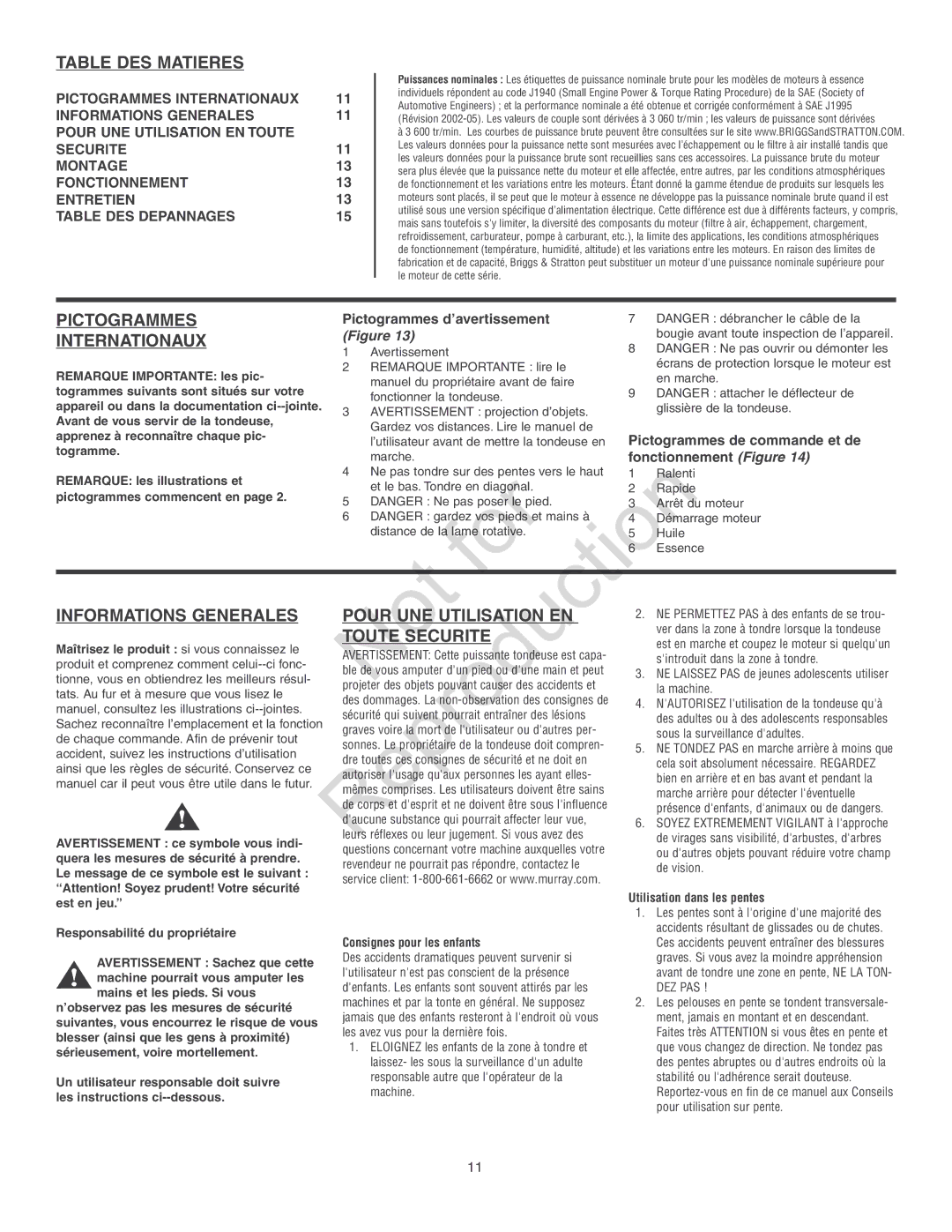 Murray MD2045FC Table DES Matieres, Pictogrammes, Internationaux, Informations Generales Pour UNE Utilisation EN 