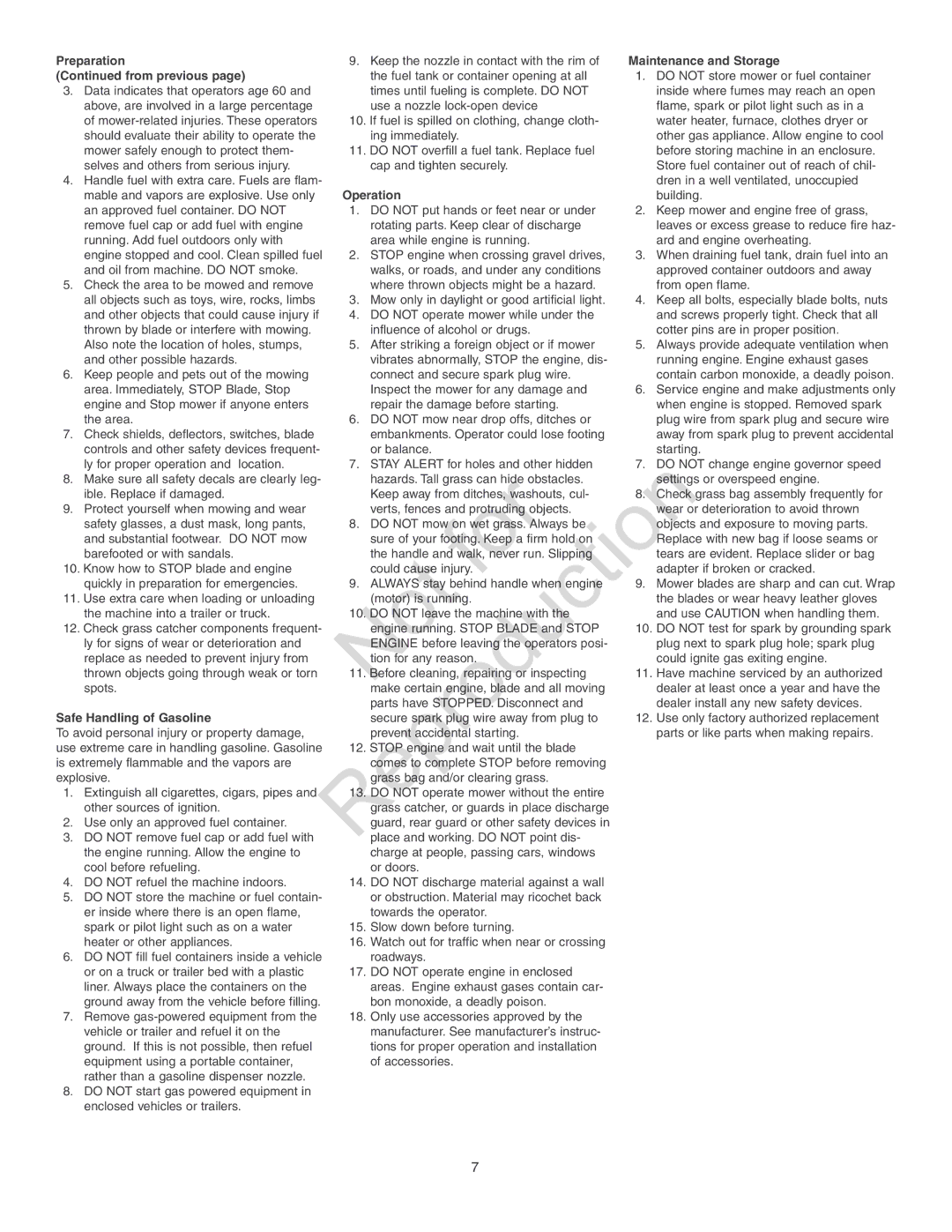 Murray MD2045FC manuel dutilisation Not, Maintenance and Storage, From previous, Safe Handling of Gasoline 