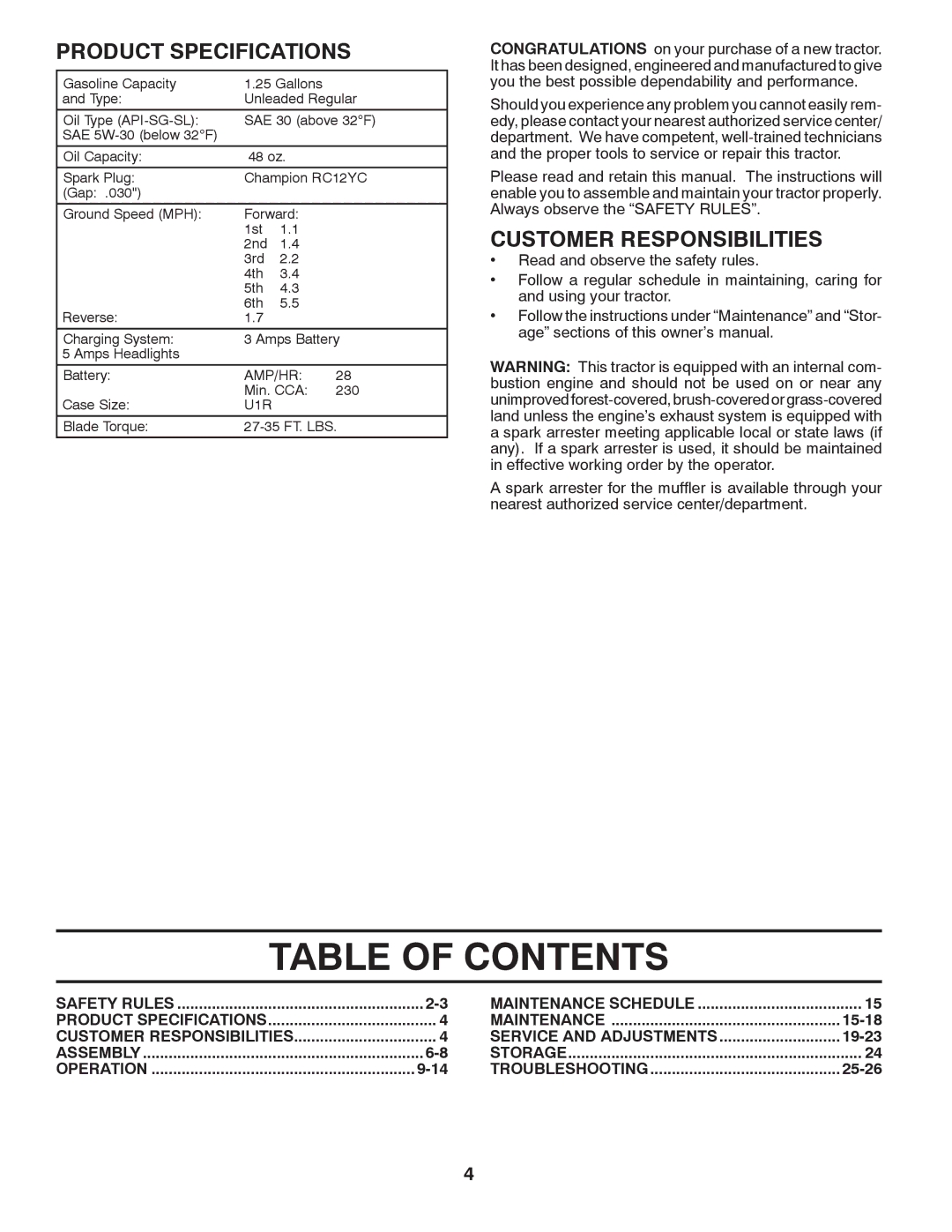 Murray MX17542LT manual Table of Contents 