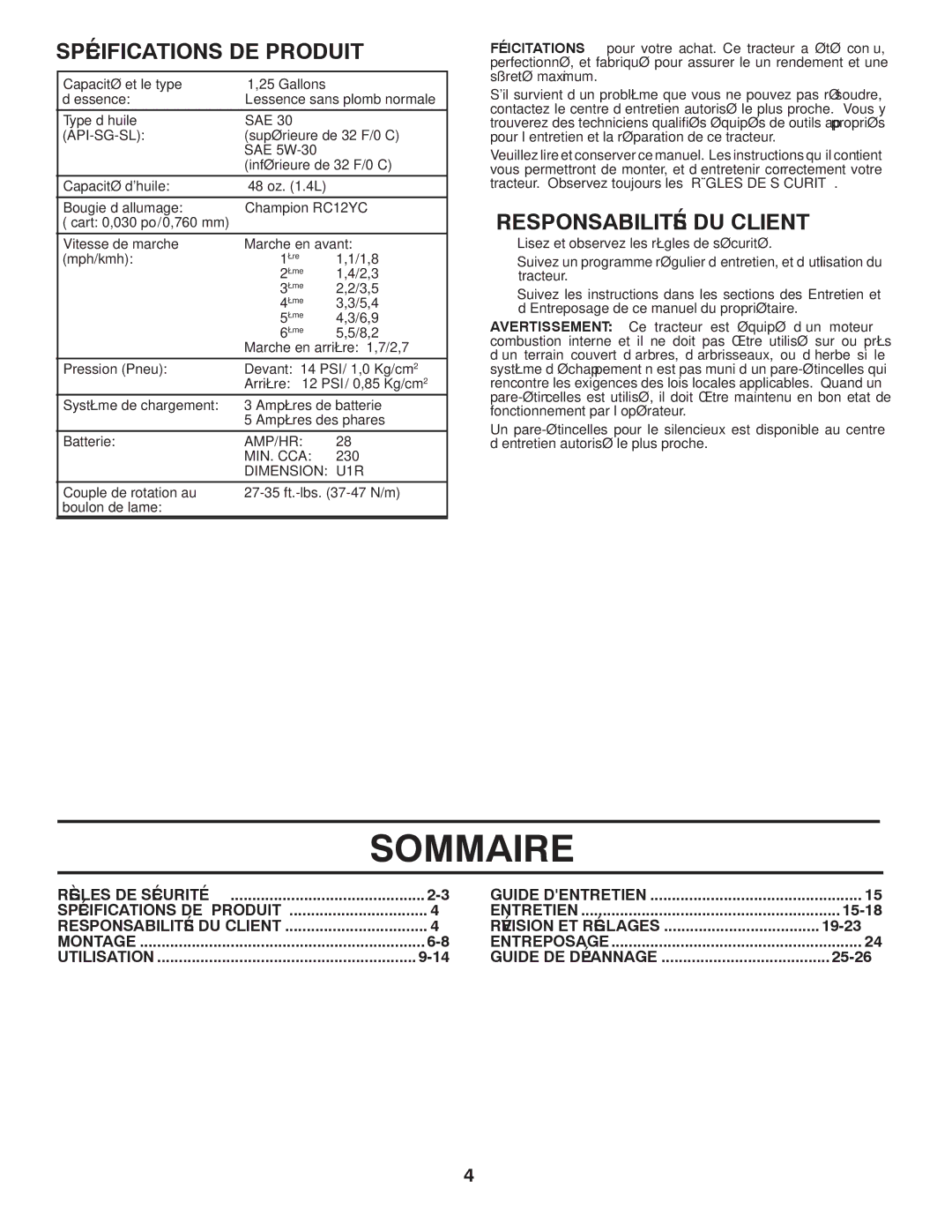 Murray MX17542LT manual Sommaire, Client DU Responsabilités, Produit DE Spécifications, 26-25 Dépannage DE Guide 