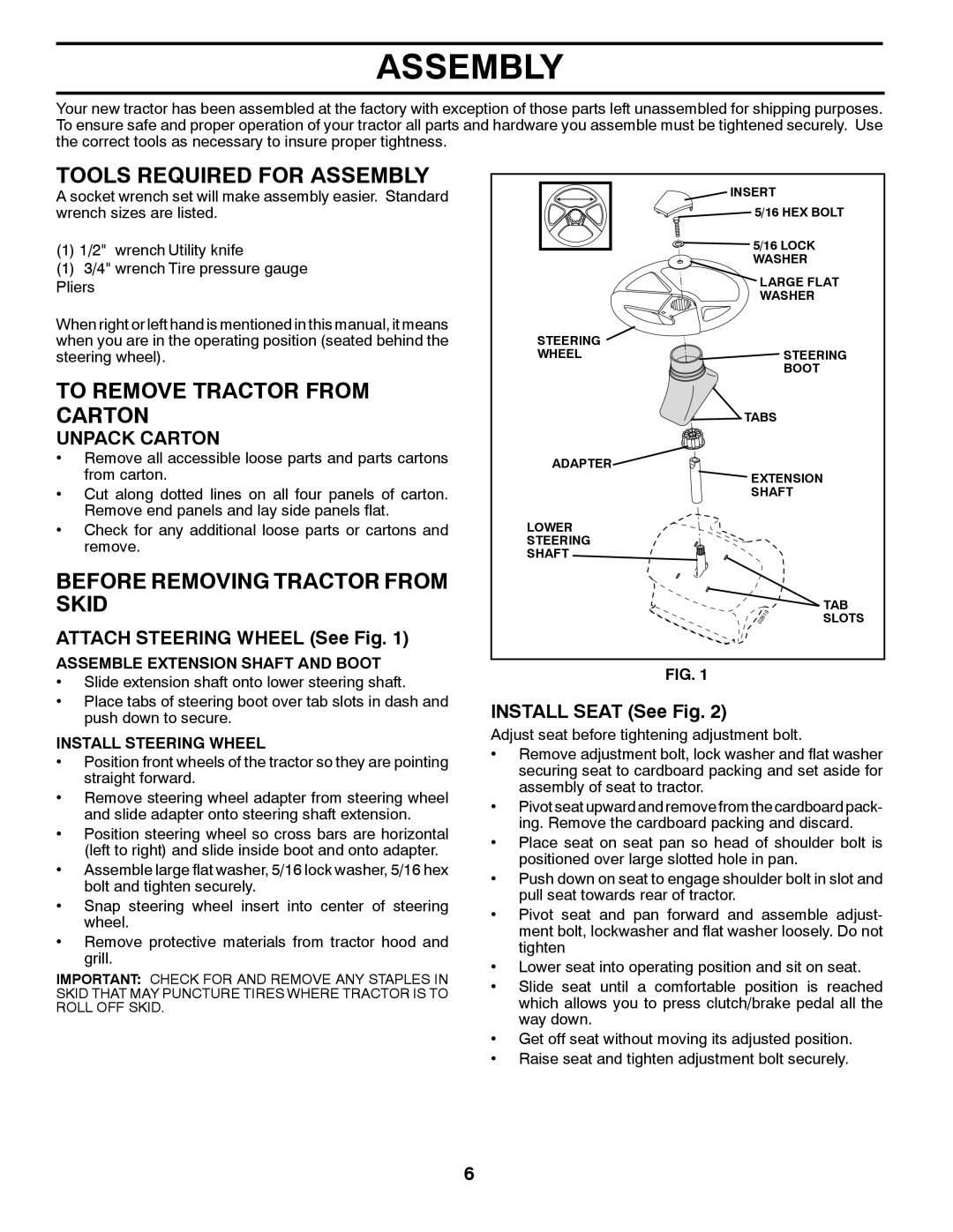 Murray MX17542LT manual Tools Required for Assembly, To Remove Tractor from Carton, Before Removing Tractor from Skid 