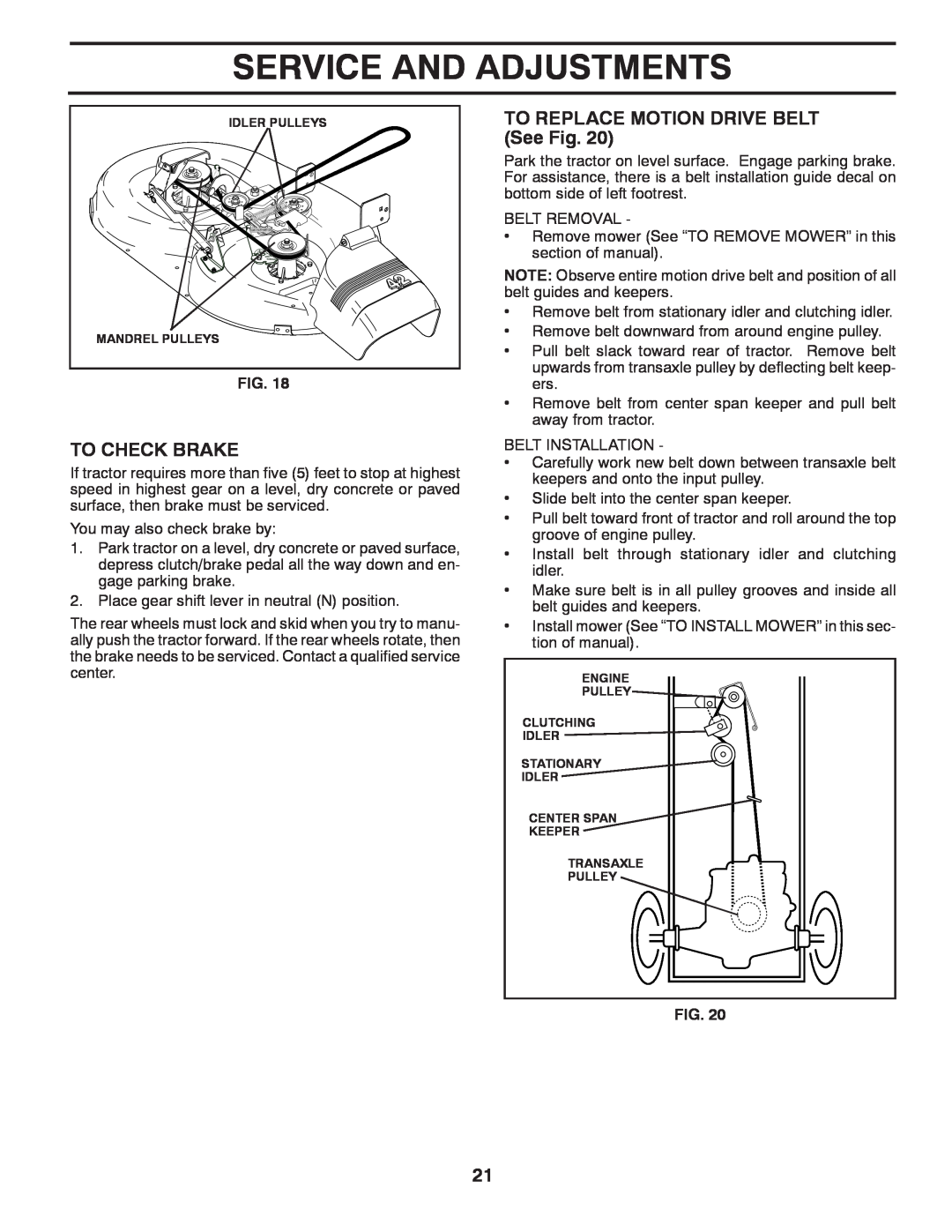 Murray MX17542LT manual To Check Brake, TO REPLACE MOTION DRIVE BELT See Fig, Service And Adjustments, Idler Pulleys 