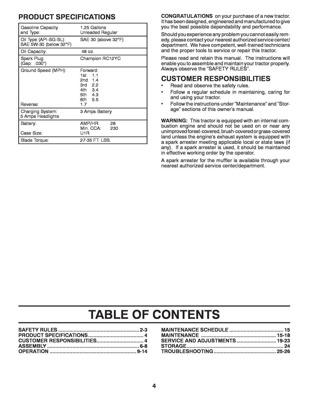 Murray MX17542LT manual Table Of Contents, Product Specifications, Customer Responsibilities 