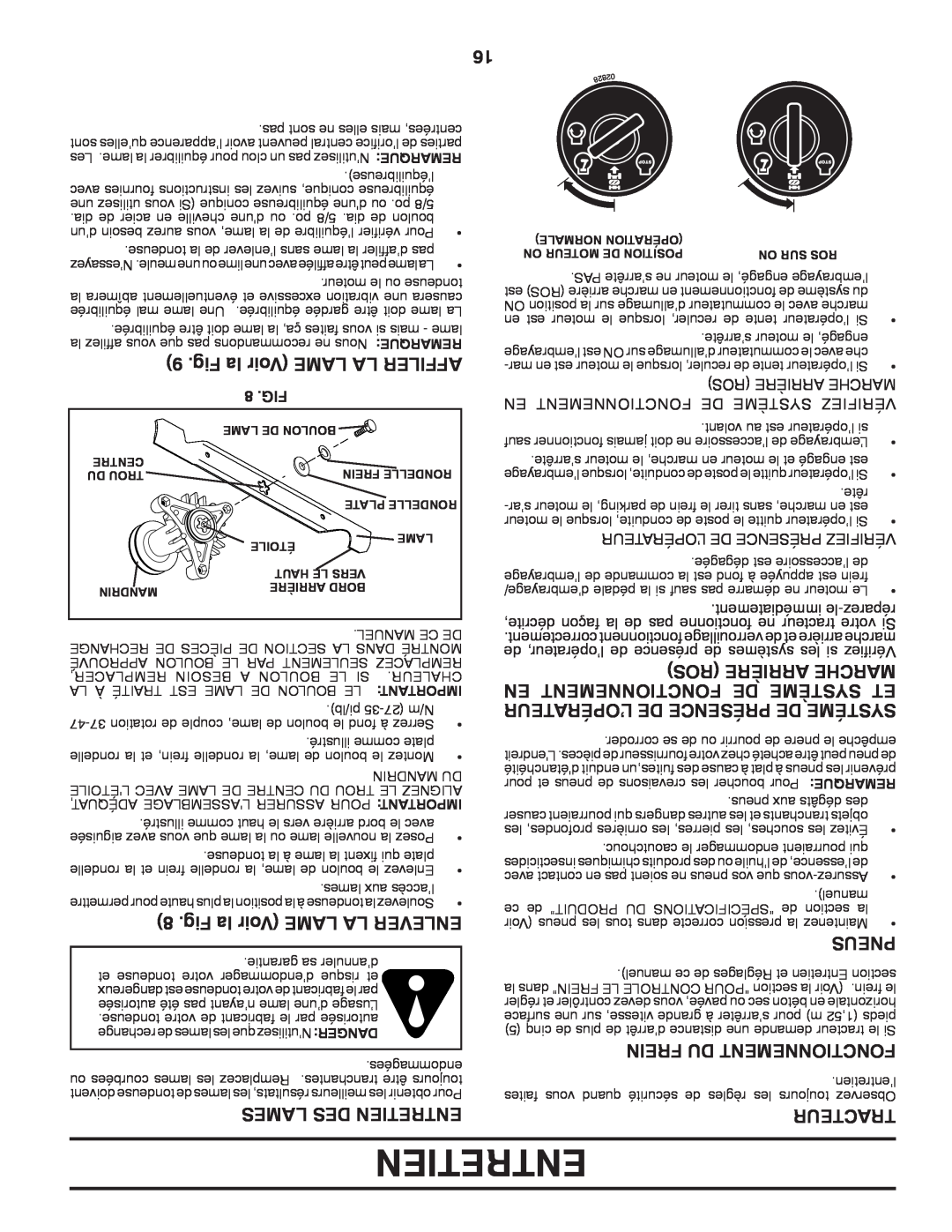 Murray MX17542LT manual Fig la Voir LAME LA AFFILER, Fig la Voir LAME LA ENLEVER, En Fonctionnement De Système Et, Pneus 