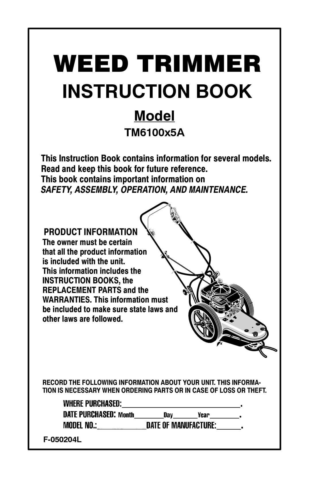 Murray TM6100X5A manual Weed Trimmer 