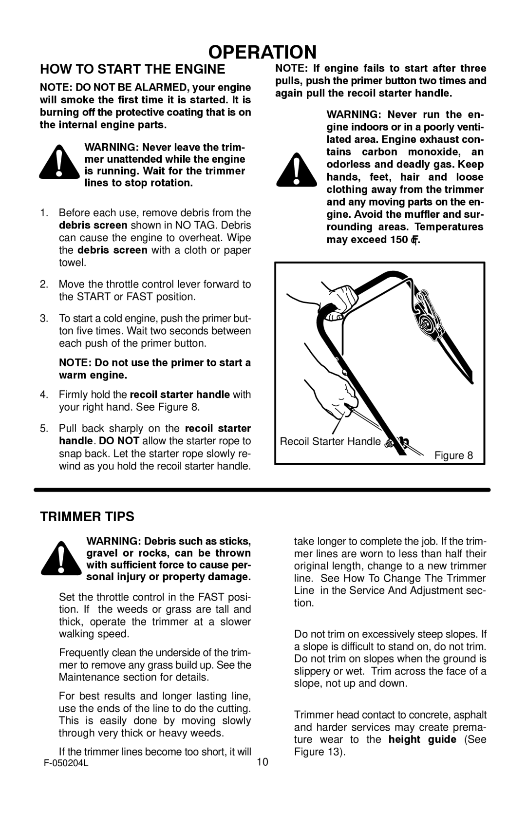 Murray TM6100X5A manual HOW to Start the Engine, Trimmer Tips 