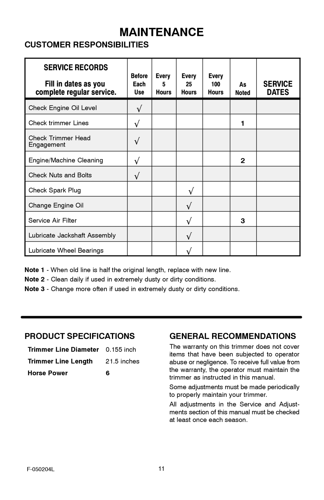 Murray TM6100X5A manual Maintenance, Customer Responsibilities, Product Specifications, General Recommendations 