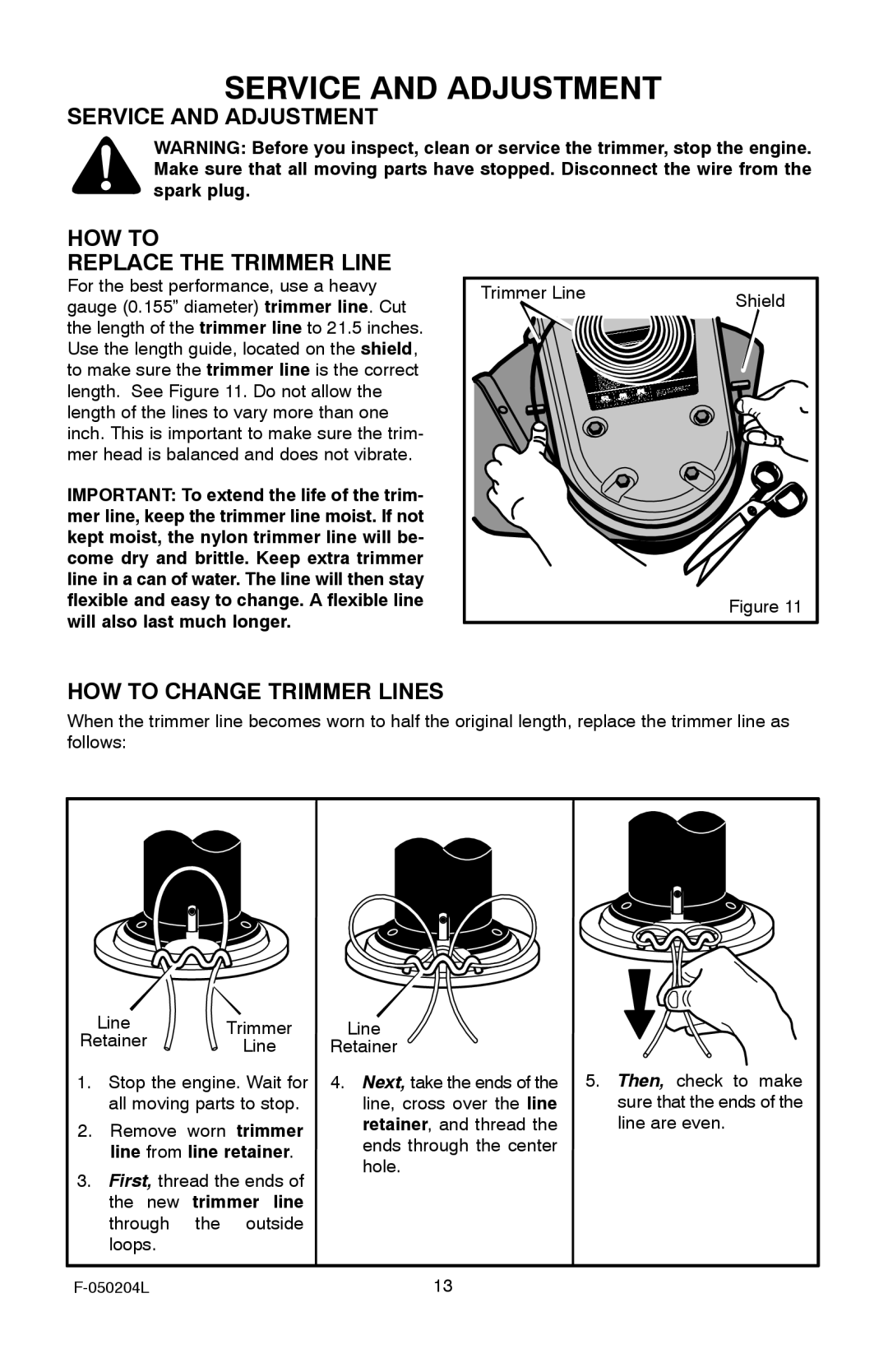 Murray TM6100X5A manual Service and Adjustment HOW to Replace the Trimmer Line, HOW to Change Trimmer Lines 