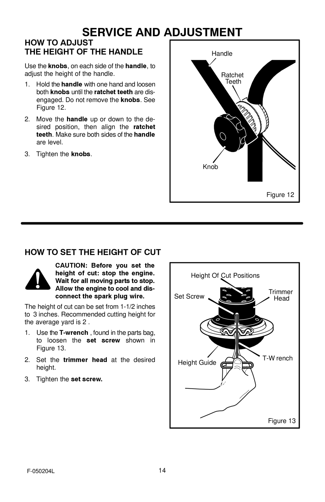 Murray TM6100X5A manual HOW to Adjust Height of the Handle, HOW to SET the Height of CUT 