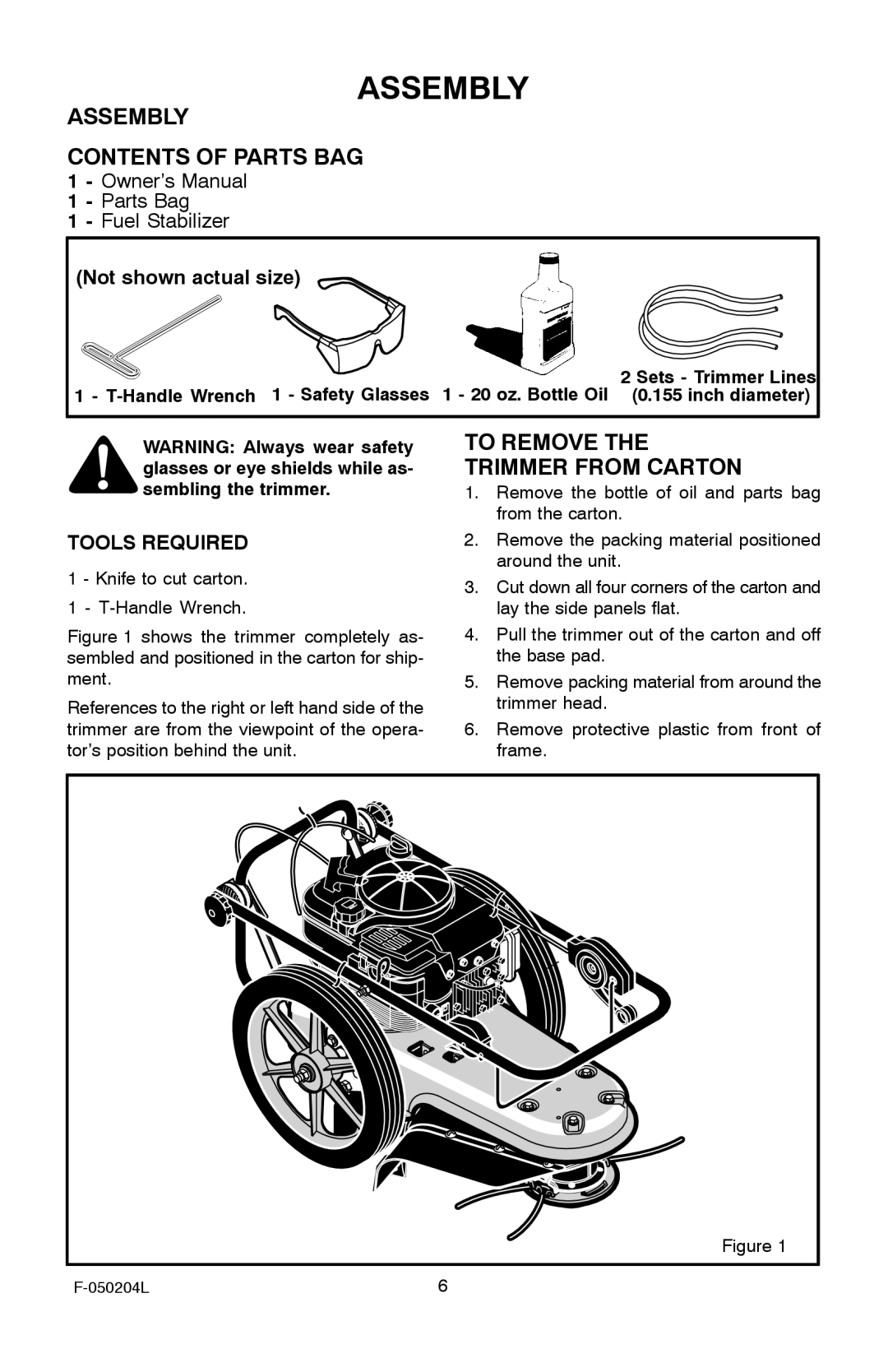 Murray TM6100X5A manual Assembly Contents of Parts BAG, To Remove the Trimmer from Carton 