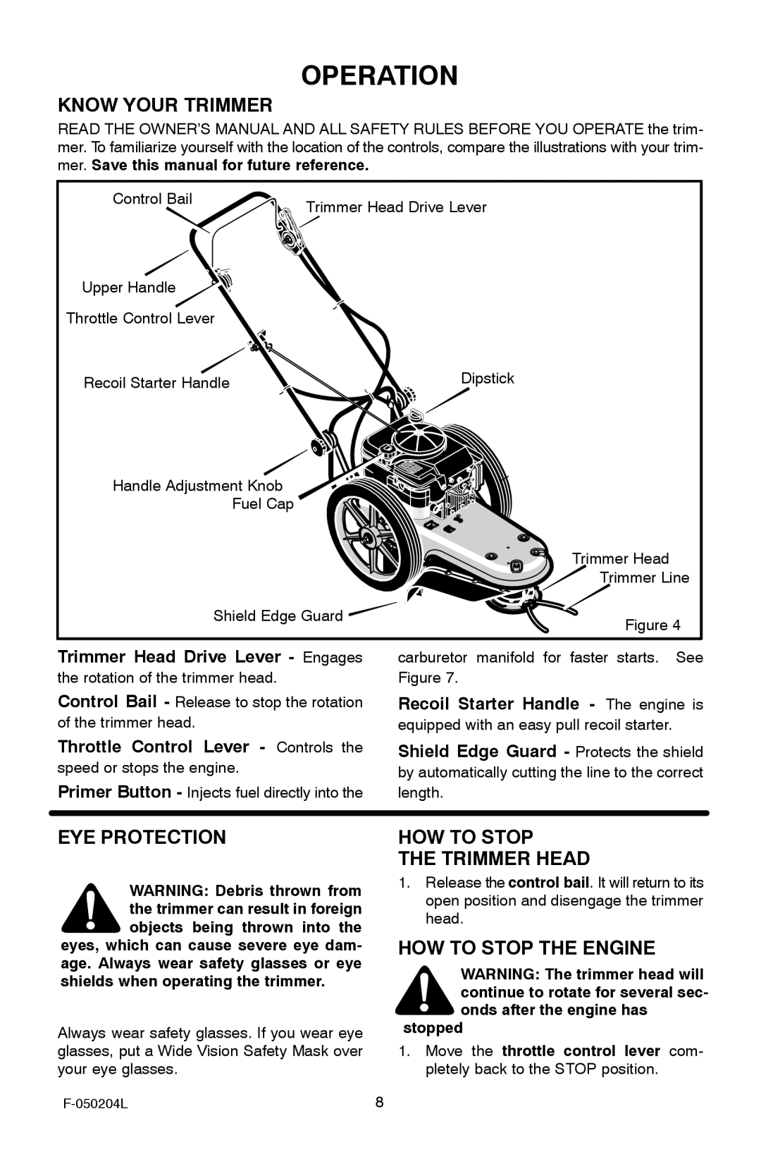 Murray TM6100X5A manual Operation, Know Your Trimmer, EYE Protection, HOW to Stop Trimmer Head, HOW to Stop the Engine 