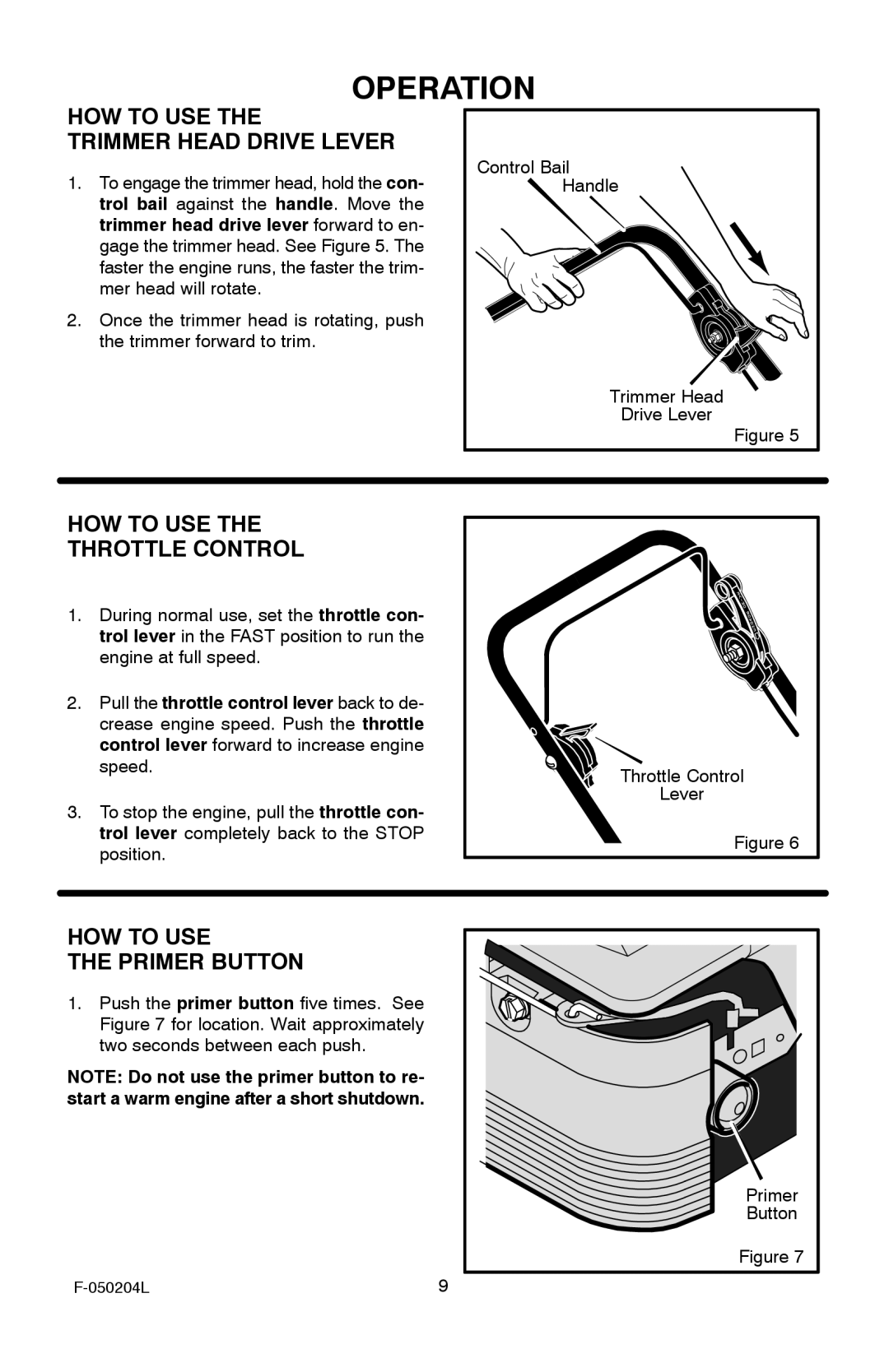 Murray TM6100X5A manual HOW to USE Trimmer Head Drive Lever, HOW to USE Throttle Control, HOW to USE Primer Button 