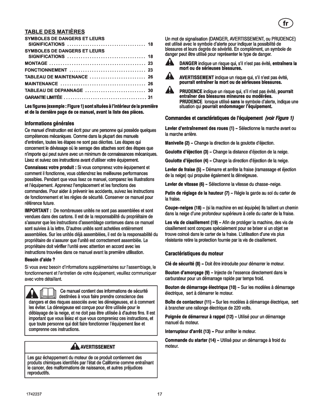 Murray 1740873, TP 199-4955-00-LW-R manual Table Des Matières, Symboles De Dangers Et Leurs Significations, Garantie Limitée 