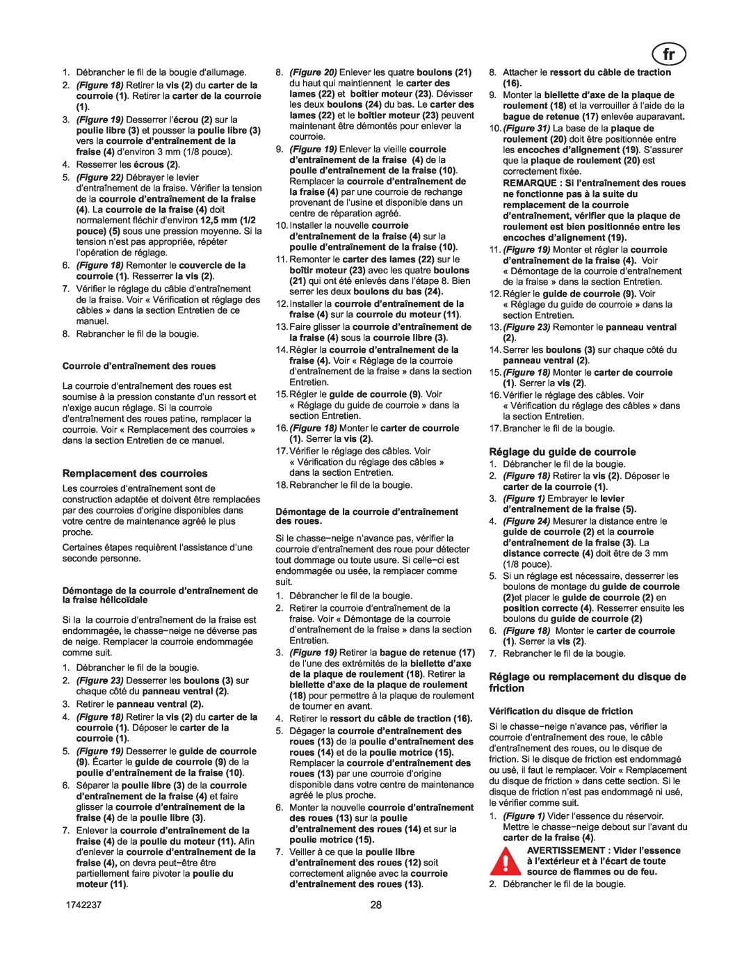 Murray TP 199-4955-00-LW-R, 1740873 manual Remplacement des courroies, Réglage du guide de courroie 