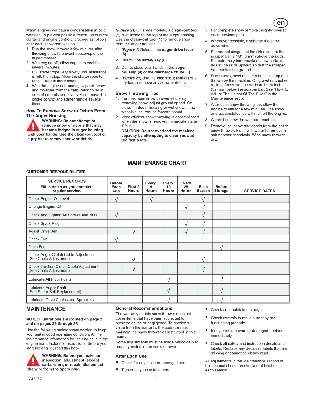 Murray 1740873, TP 199-4955-00-LW-R manual Maintenance Chart 