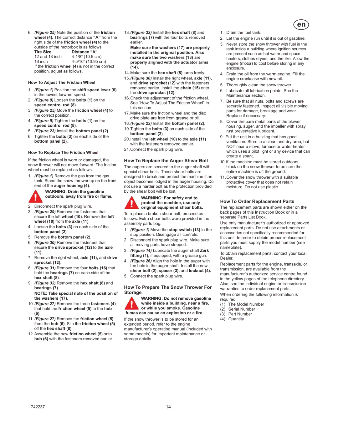 Murray TP 199-4955-00-LW-R, 1740873 manual How To Replace the Auger Shear Bolt, How To Prepare The Snow Thrower For Storage 