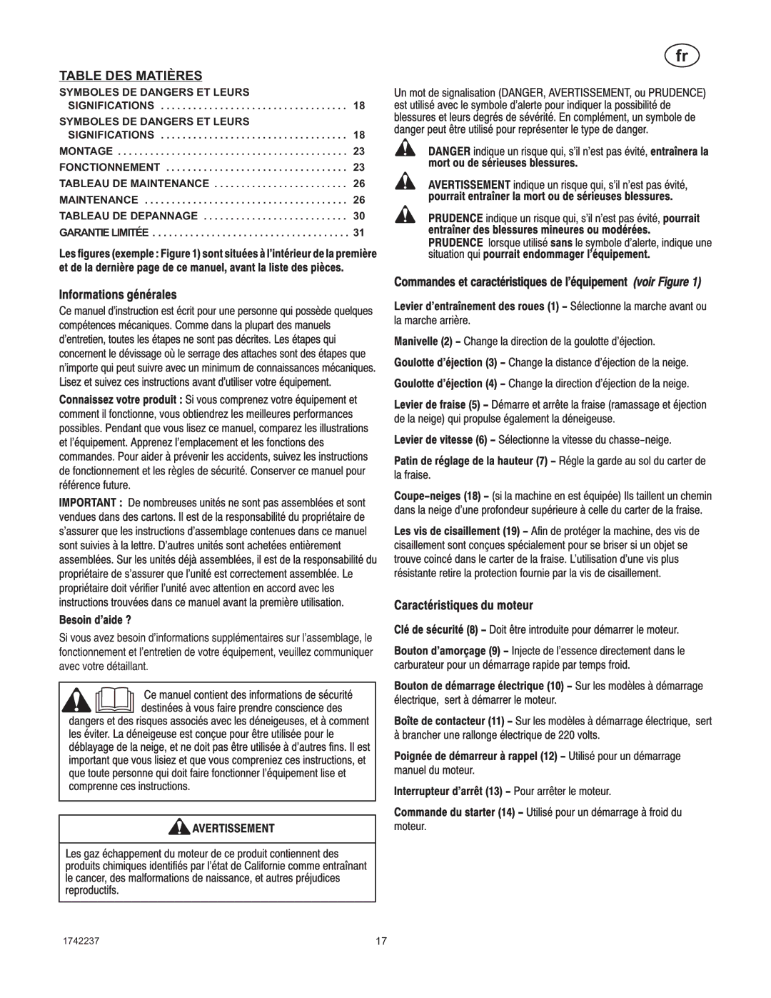 Murray 1740873, TP 199-4955-00-LW-R manual Table DES Matières, Significations 