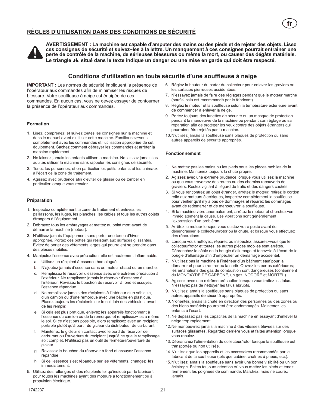 Murray 1740873, TP 199-4955-00-LW-R manual Règles D’UTILISATION Dans DES Conditions DE Sécurité, Formation, Préparation 