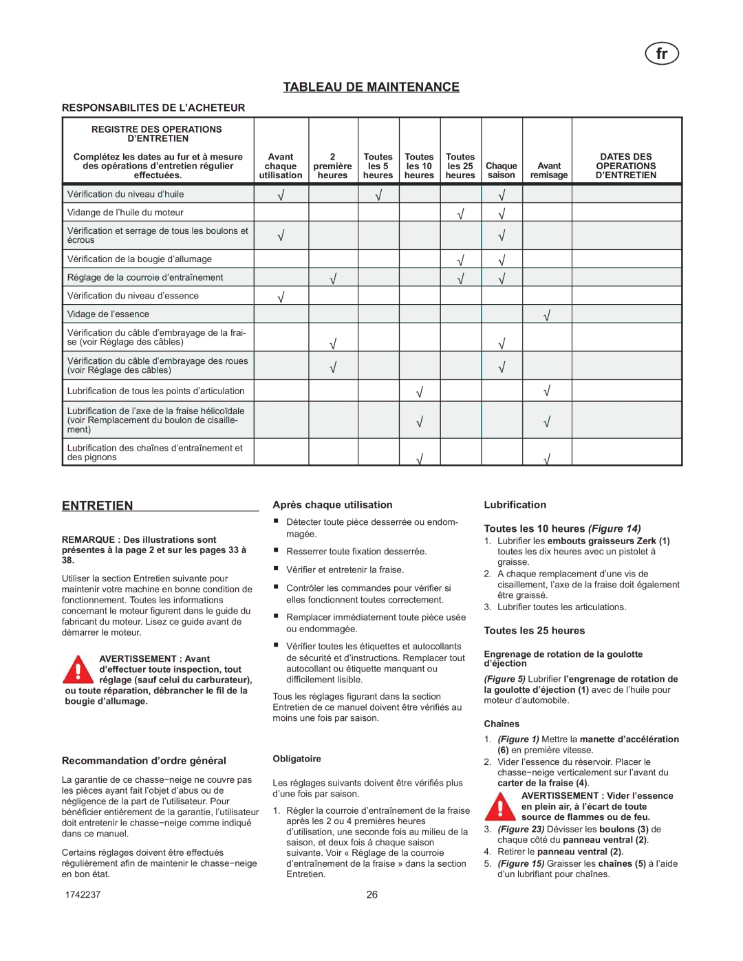 Murray TP 199-4955-00-LW-R, 1740873 manual Tableau DE Maintenance, Entretien 