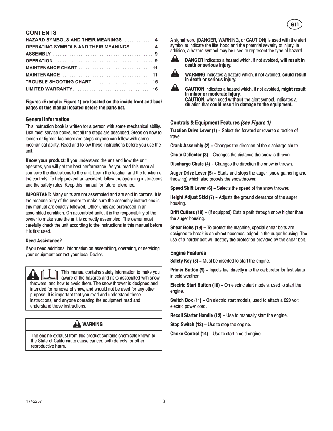 Murray 1740873, TP 199-4955-00-LW-R manual Contents 