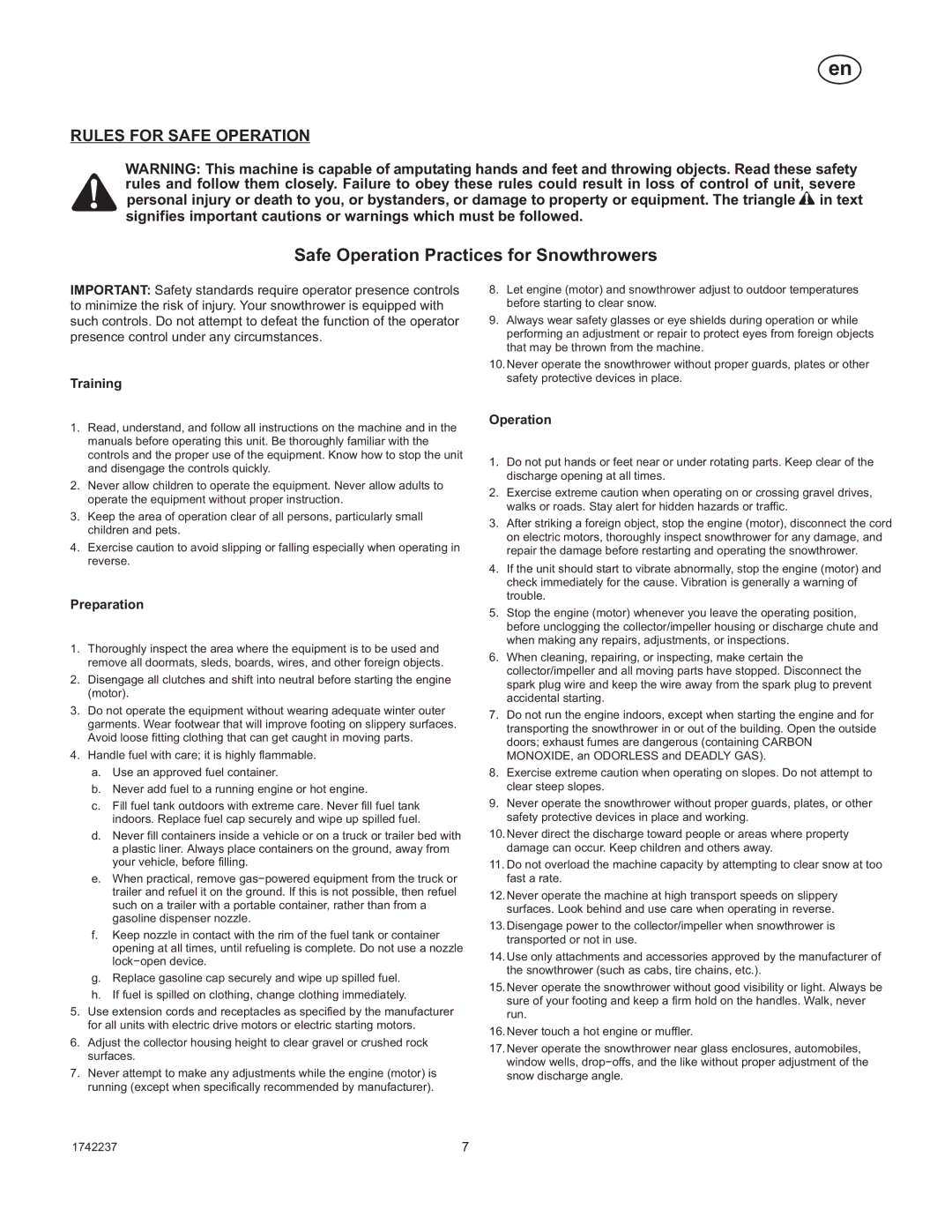 Murray 1740873, TP 199-4955-00-LW-R manual Rules for Safe Operation, Training, Preparation 