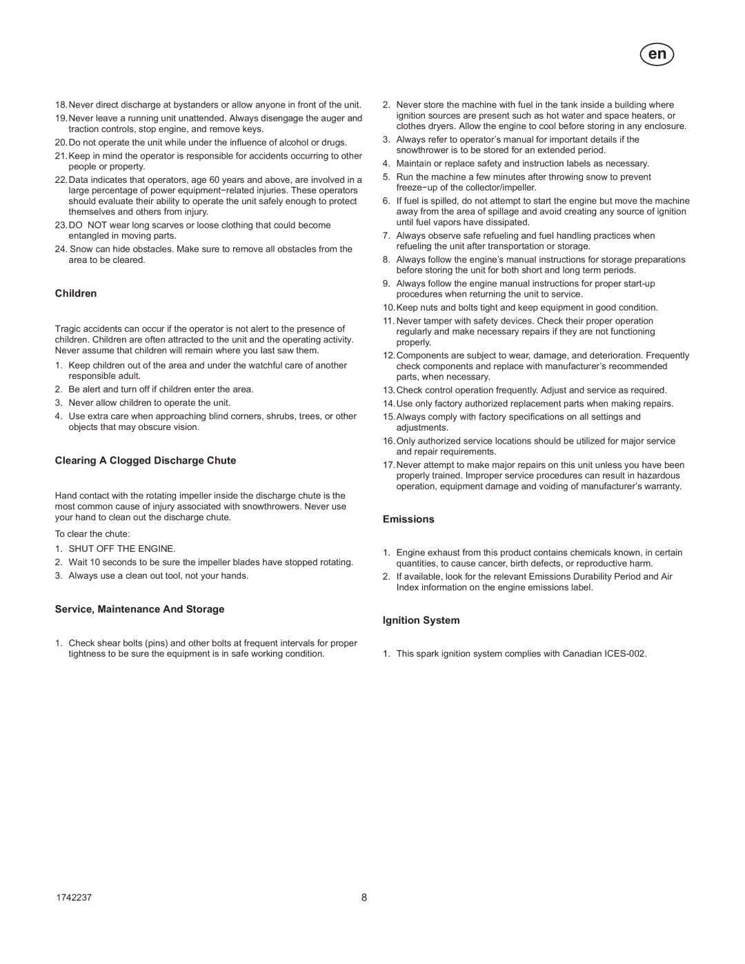 Murray TP 199-4955-00-LW-R, 1740873 manual Children, Clearing a Clogged Discharge Chute, Emissions 