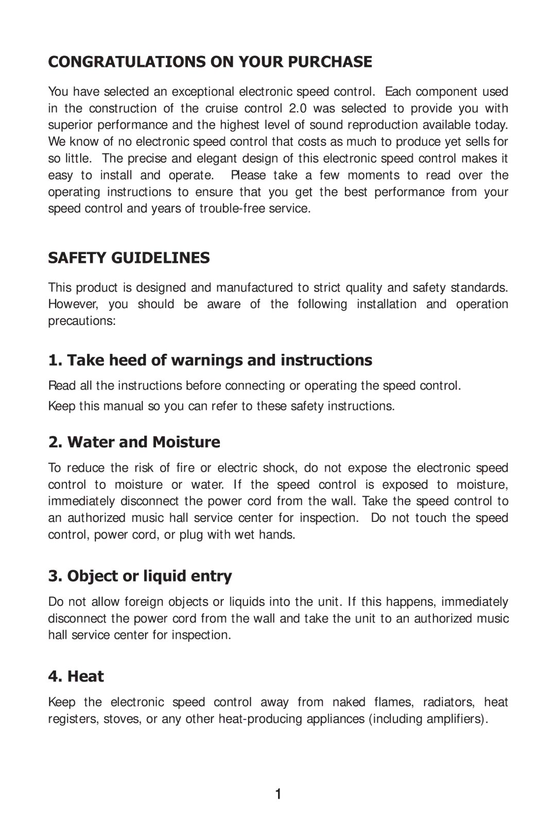 Music Hall Cruise Control 2.0 instruction manual Congratulations on Your Purchase, Safety Guidelines 