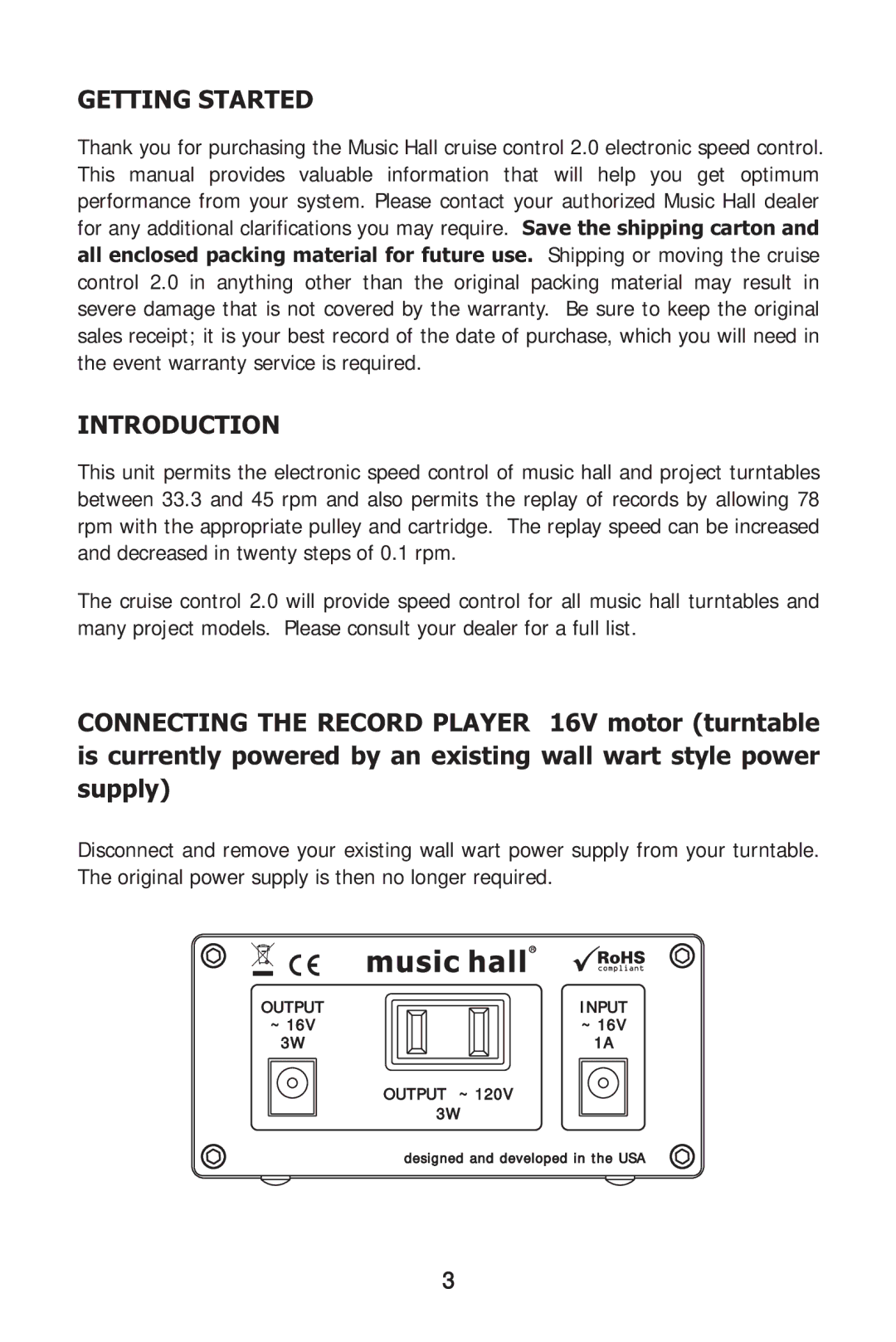 Music Hall Cruise Control 2.0 instruction manual Getting Started, Introduction 