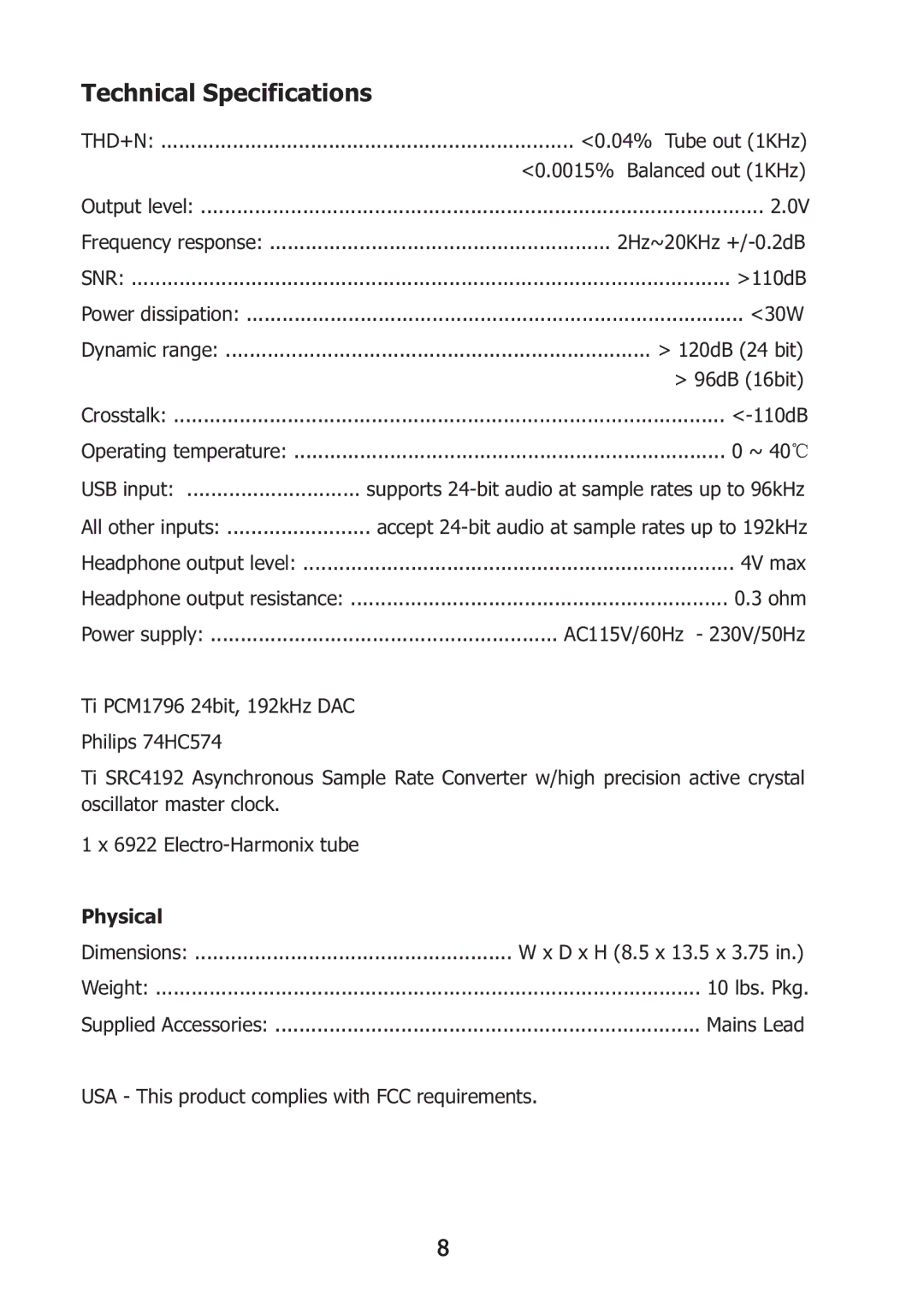 Music Hall DAC 25.3 Black instruction manual Technical Specifications, Physical 