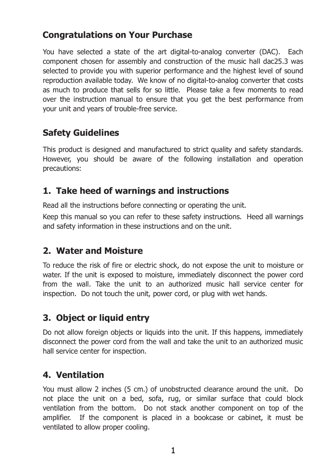 Music Hall DAC 25.3 Black Congratulations on Your Purchase Safety Guidelines, Take heed of warnings and instructions 