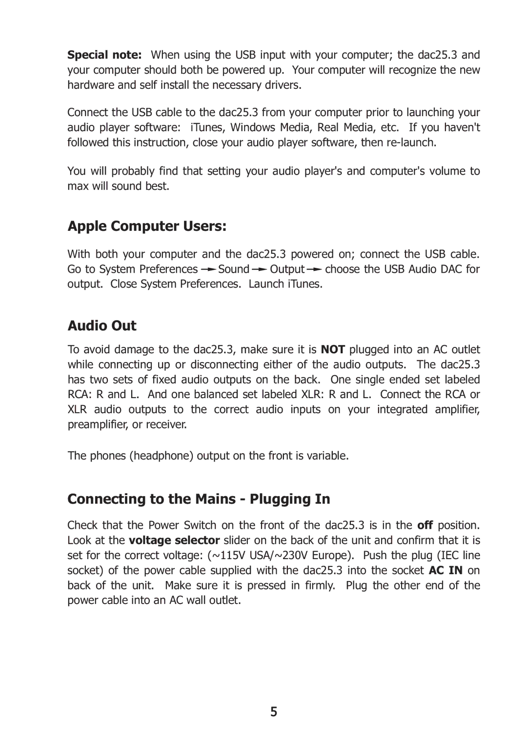 Music Hall DAC 25.3 Black instruction manual Apple Computer Users, Audio Out, Connecting to the Mains Plugging 