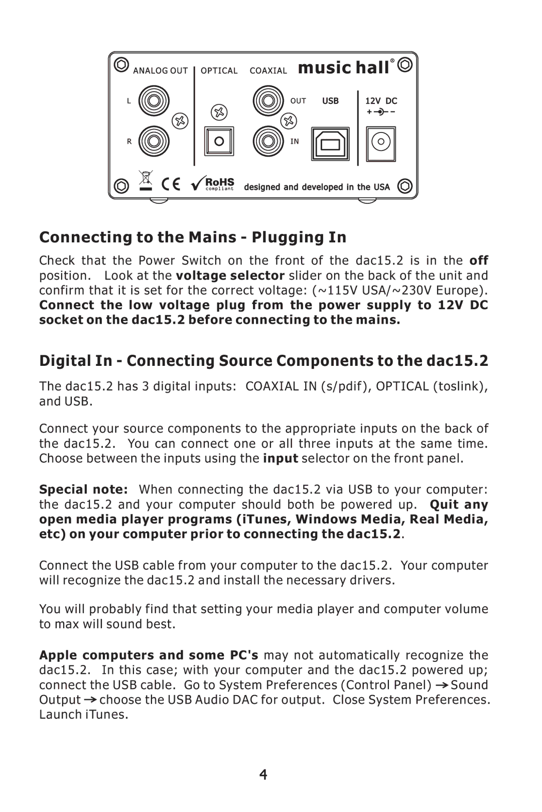 Music Hall instruction manual Connecting to the Mains Plugging, Digital In Connecting Source Components to the dac15.2 