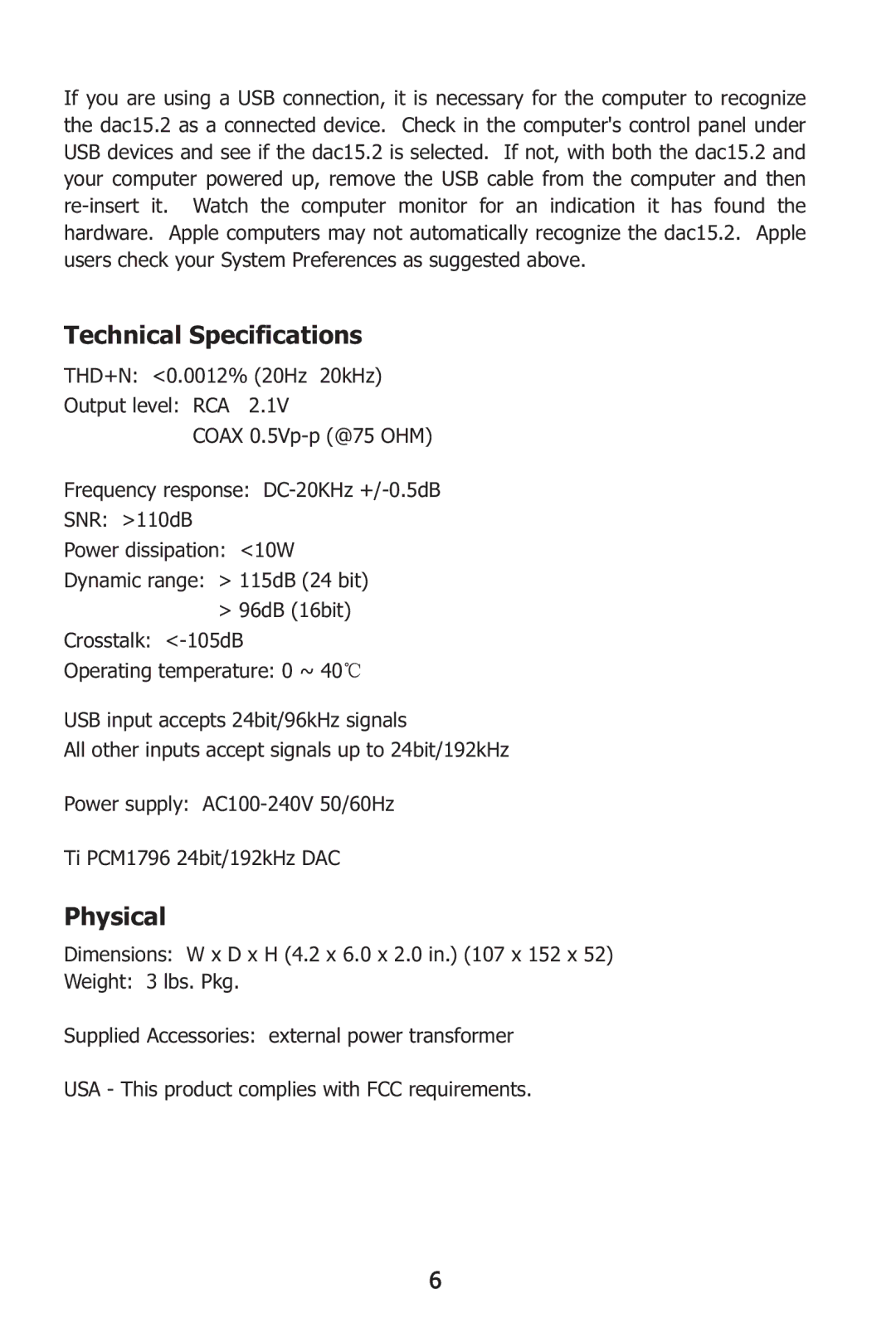 Music Hall dac15.2 instruction manual Technical Specifications, Physical 