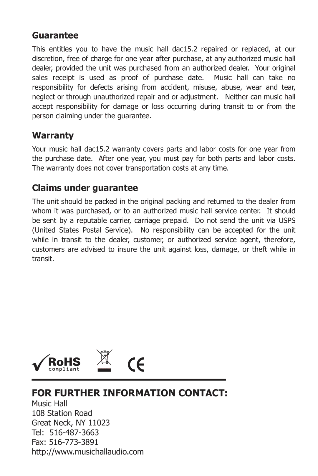 Music Hall dac15.2 instruction manual Guarantee, Warranty, Claims under guarantee 