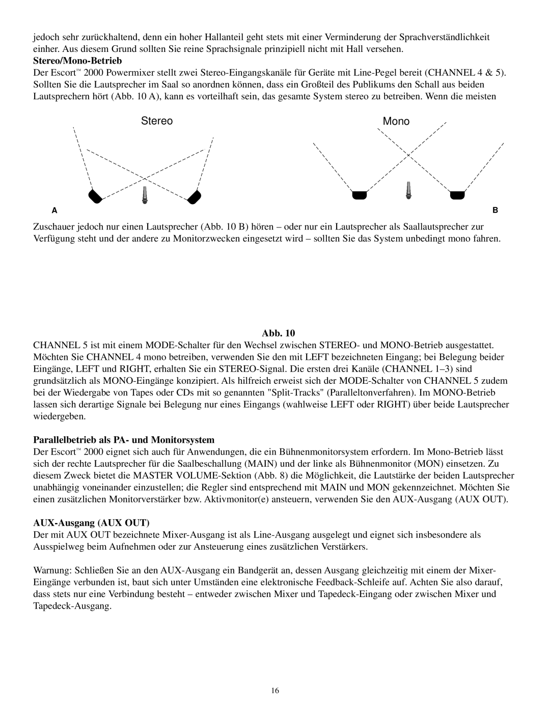 Musica 2000 manual Stereo/Mono-Betrieb, Parallelbetrieb als PA- und Monitorsystem, AUX-Ausgang AUX OUT 