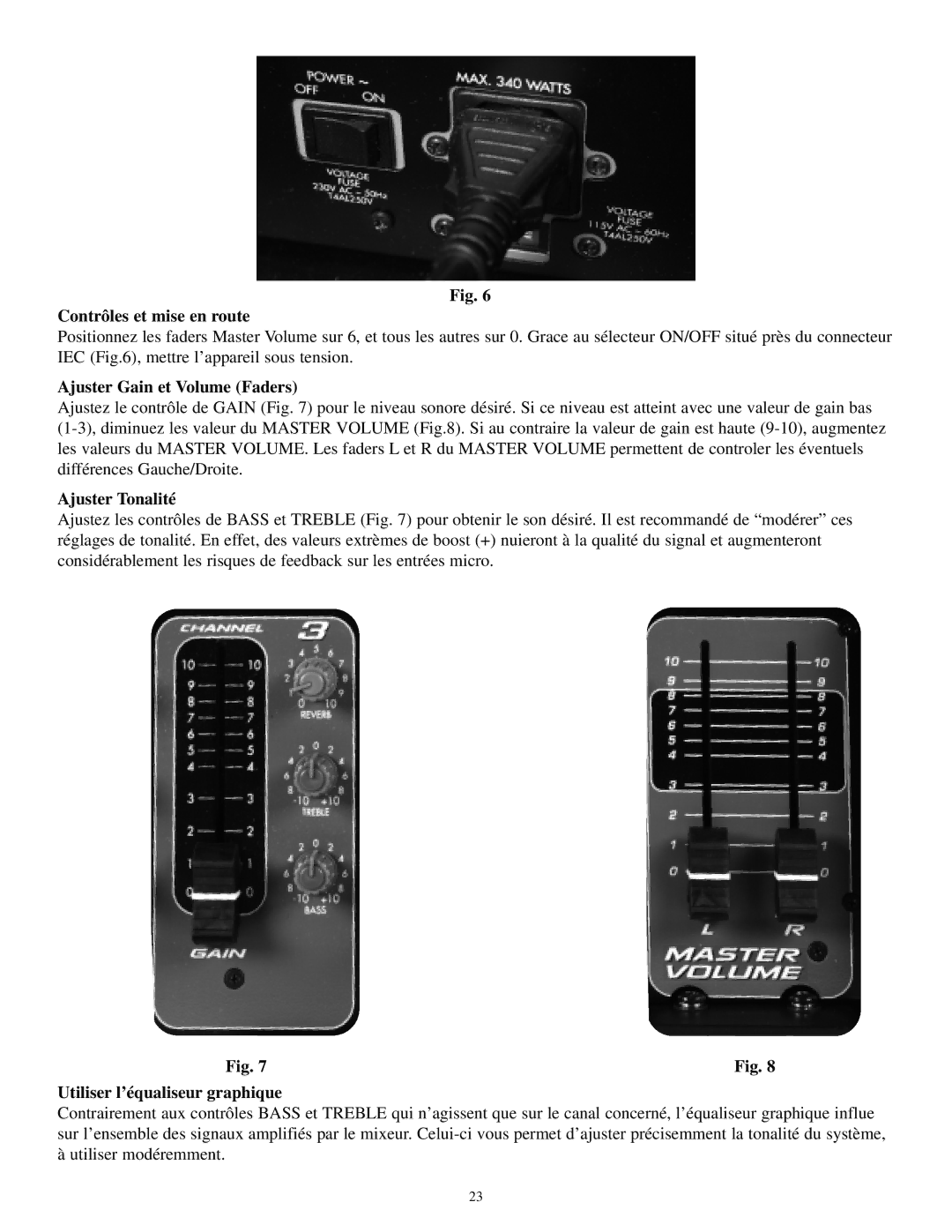 Musica 2000 Contrôles et mise en route, Ajuster Gain et Volume Faders, Ajuster Tonalité, Utiliser l’équaliseur graphique 