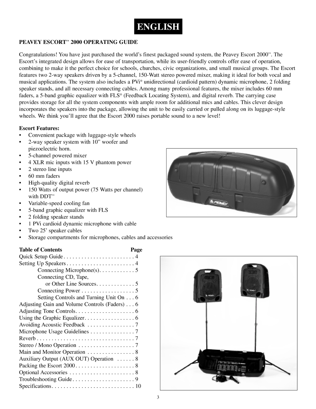 Musica 2000 manual Escort Features, Table of Contents 